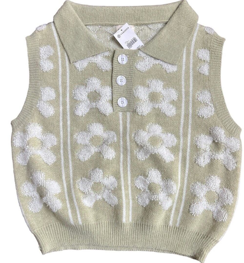 Dreamers by Debut fitted Muted Lime Green Flower Crop Sweater Vneck Vest Soft